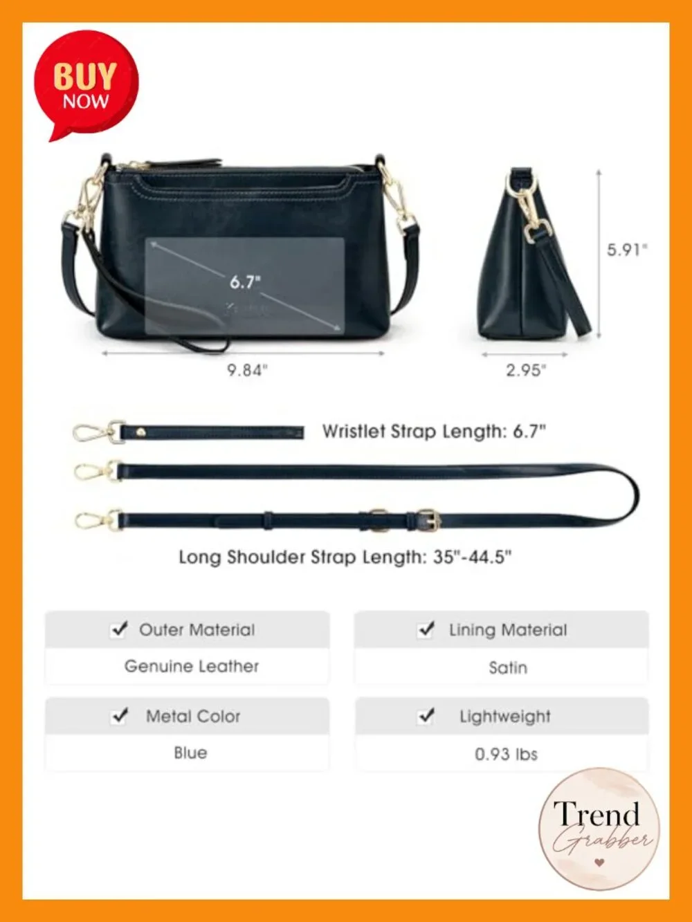 Genuine Leather Crossbody Bag with 2 Straps, Wristlet Wallet, Many Pockets